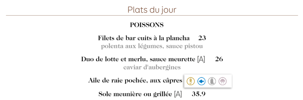 Cartes avec indication des allergènes pour chaque plat